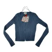 Pink Rose Blue Ribbed Cropped Cardigan Button-Up Long Sleeve Sweater Size S