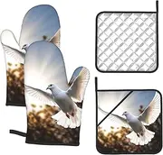4 pcs Oven Mitts and Pot Holders Set 500°F Heat Resistant Oven Gloves and Hot Pads Kitchen Mittens White Dove Flying in The Sun Cooking Gloves Potholders for Baking Grilling