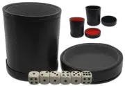 Black PU Leather Felt Lined Dice Cup w/Lid Tray + (6) 16mm Bone-Tone Dice +Pouch