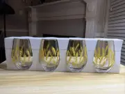 4 Gold Wheat Stemless Wine Glass Set. Rare To Find!!