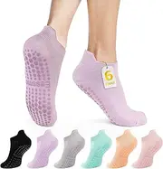 [Eessmo] 6 Pairs Grip Pilates Socks with Grip for Women, Solid Non Slip Yoga Athletic Socks, Grippy Ankle Socks for Barre, Ballet, Workout, Elderly, Hospital, Gifts, 6 Pair - Black/Grey/Pink/Purple, 6