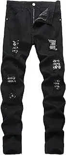[Centrawin] Men's Ripped Skinny Stretch Distressed Destroyed Slim Jeans Denim Pants, Black (Sequins Patch), 32