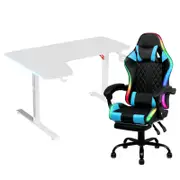 Advwin 140cm White Gaming Desk RGB LED Light & Gaming Chair with Footrest LED Light Blue