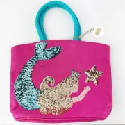 Mudpie Girls Sequined Mermaid Princess Pink Burlap Bag Shoulder Bag Handles 13”W