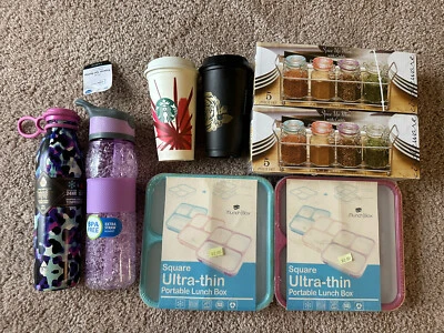 NWT Kitchen Lot Of 8: Water Bottles, Lunch Boxes, Spice Jars, Starbucks Cups