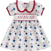 [Thorn Tree] Girls 4Th of July Dress Peter Pan Collar Puff Short Sleeve A-Line Outfits Flag Star Printed Dresses, White, 4 Years