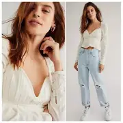 Free People Ivory Chloe Underwire Smocked Tie Back Long Sleeve Peasant Top Sm