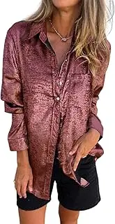 [Gihuo] Women's Metallic Button Down Shirts Long Sleeve Sparkly Blouse Shiny Glitter Party Tops Sexy Disco Outfits