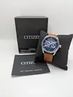 Citizen Eco-Drive Mens Blue Dial Brown Band Leather Analog Classic Wristwatch