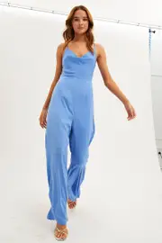 Blue Wide Leg Jumpsuit Sleeveless Cowl Neck Satin - Size 10, Women's Jumpsuit