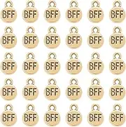 1 Box 100Pcs Gold BFF Charms Friend Charm Bulk Alloy Plated Round Mini Best Friends Forever Word Solid Pendants for Jewelry Making Accessories Crafts DIY Bracelet Necklace Earrings Adult