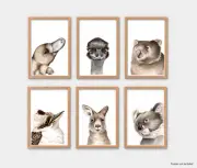 Set of Six Watercolour Australian Animal Prints - animal nursery art print