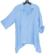 NWT Valerie Stevens Womens Top Linen Button Up Coastal Lagenlook Hem Blue XL AZ