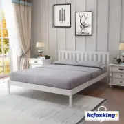 Queen Size Wooden Bed Frame Pine Mattress Base Timber Bedroom Furniture White