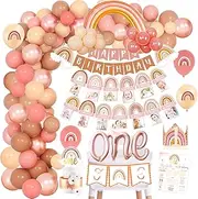 Boho Rainbow 1st Birthday Decorations, Bohemian First Decorations, Bohemian Rainbow Baby Monthly Milestone Photo Banner Highchair Banner, Neutral Rainbow Cake Topper Bohemian Crown Hat for Baby Girls First Birthday