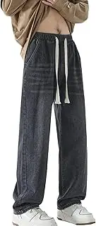 [Aosufei] Men's Retro Loose Fit Solid Jeans Wide Leg Comfort Spring Fall Denim Pants Vintage Casual Solid Jeans Trouser, Black, Medium