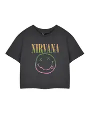 Nirvana Womens Cropped Short Sleeved T-Shirt Grey Rainbow Logo Small