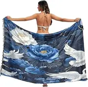 [RPLIFE] White Cranes Blue Peonies Swimwear Sarongs Tassel Sarong Beach Coverups Women, Large, White Cranes Blue Peonies, Medium
