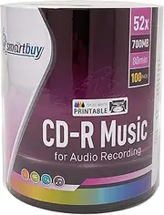 Smartbuy 100 Pack Digital Audio CD-R Music 52X 700MB/80Min White Inkjet Hub Printable Blank Recordable Disc