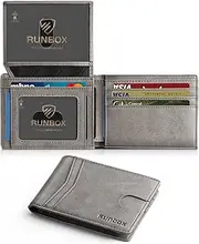 [RUNBOX] Wallet for Men Slim Rfid Leather 2 ID Window With Gift Box, Classic grey-new, M, Minimalist