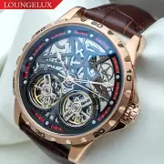Mens Rose Gold Double Flywheel Skeleton Automatic Mechanical Watch Brown Leather