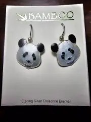 Panda Bear Bamboo Cloisonne Dangle Earrings Enameled Jewelry Sterling Silver