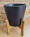 Garden Patio Planter Mid Century Wooden Jayda Plant Stand Ceramic Pot Black 31cm