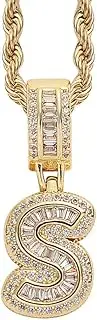 [RINTOLER] Gold Initial Necklace For Women Men - 18K Copper Plated Real Gold Micro Inlaid 5A+ Cubic Zirconia Hip Hop Iced Out Letter Pendant With 24 Inch Rope Chain Bling Alphabet Name Jewelry
