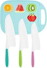 Kids Knife 4-Piece with Cutting Board - Toddler Knife Set Children's Cooking Nylon Knives - Serrated Edges and Firm Grip Suitable for Cutting Salad, Fruit, Cake, Lettuce (3 Sizes & Colors)
