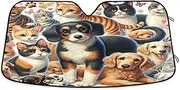 Windshield Sun Shade Cute Dogs and Cats, Foldable Front Window Cover, Car Windshield Cover (L)