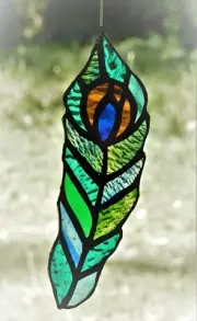 OPAL PEACOCK FEATHER Authentic AUSTRALIAN Stained Glass SUNCATCHER Blue Green