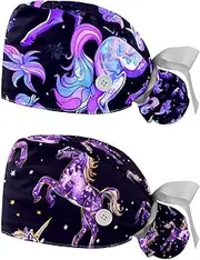[YTYVAGT] 2-Pc,Nurse Scrub Caps,Scrub Hats with Buttons and Cotton Sweatband,Cartoon Unicorn Running Purple