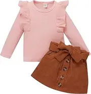 [Generic] New Born Stuff Toddler Kids Baby Girls Ruffled Crewneck Long Sleeve Ribbed Sweatshirt Tops Solid Skirt Set 2PCS Fall Clothes Set Tennis Clothes for Girls for Winter Pink