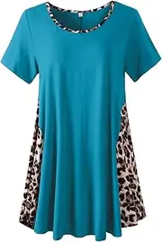 [LARACE] Leopard Print Tops for Womens Short Sleeve Shirts Plus Size Tunic Swing Summer Clothes Color Block Tee