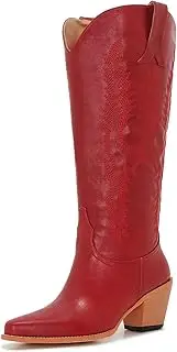 [ZXHYZLZ] Cowboy Boots For Women Wide Calf Knee High Tall Western Style Comfortable Ladies Plus Size Cowgirl Boots Chunky Heel