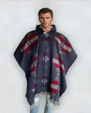 Alpaca Poncho Hooded in blue | Soft Comfortable Wool | Navajo Design Handcrafted