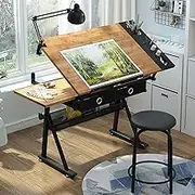 Drawing Table Adjustable Drafting Table with Stool, Tiltable Draft Desk Drawing Table, Bamboo/Sood Tabletop Drawing Table, with Storage and Drawers, Art Desk for Drawing Painting Work Study