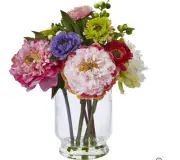 Nearly Natural 15" Peony & MumSilk Artificial Arrangement Vase Mother's Day Gift