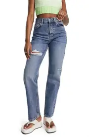 Topshop Brixton Ripped Dad Jeans; Mid Blue; Size 30x28