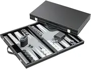 Philos 18.5-inch Backgammon Set in Black Case with Grey Felt Surface, Accessories Included