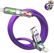 UOEPOWA 240W 4 in 1 USB C Cable,1.2M Charger Cable with Breathing Light, Multifunction Fast Charging Cable for iPhone Samsung Laptop, Silicone Cable, Bold, Bending Resistance, Metal Ports (Purple)