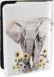 [EdWal] Elephant and Sunflower Print Passport Cover with Credit Card Holder Leather Passport Case, for Women Men Family ID Travel, Black, One Size