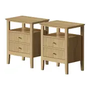 Oikiture Set of 2 Bedside Table Open Shelf Two Drawers Natural