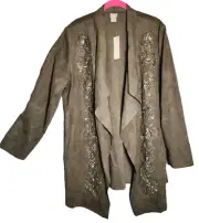 CHICOS Jacket Womens 2 12/14 Moss Green Faux Suede Open Embroidered NWT Drape