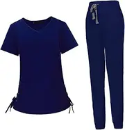 [yuksok] Women Men Scrubs Set Nurse Work Clothing Nursing Uniform V Neck Tops and Jogger Pants Unisex Shrink Resistant for Female Male