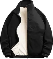 [Qolkmuiy-GJ] Men's Full Zip Polar Fleece Jacket Fluffy Lined Pocket Long Sleeve Coat Stand Collar Colorblock Cropped Coat (Black 2,4X-Large)