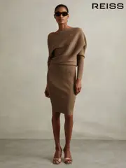 Reiss Mink Lara Off-The-Shoulder Ribbed Midi Dress (E19936) | $295