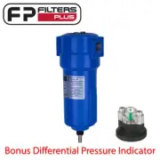 1 Micron Commercial Compressed Air Filter - 1/2" BSP 45CFM 16bar - Bonus Gauge