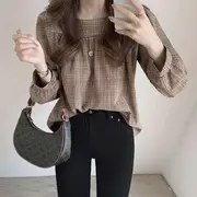 Long-Sleeve Plaid Blouse Plaid - Army Green - XL