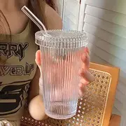 Textured Glass Drinking Cup / Lid / Straw / Set Cup - With Lid & Bendy Straw - Transparent - One Size